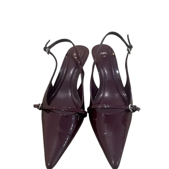 Zara burgundy patent faux leather Pointed Slingback kitten Heels size EU38 - Picture 1 of 8